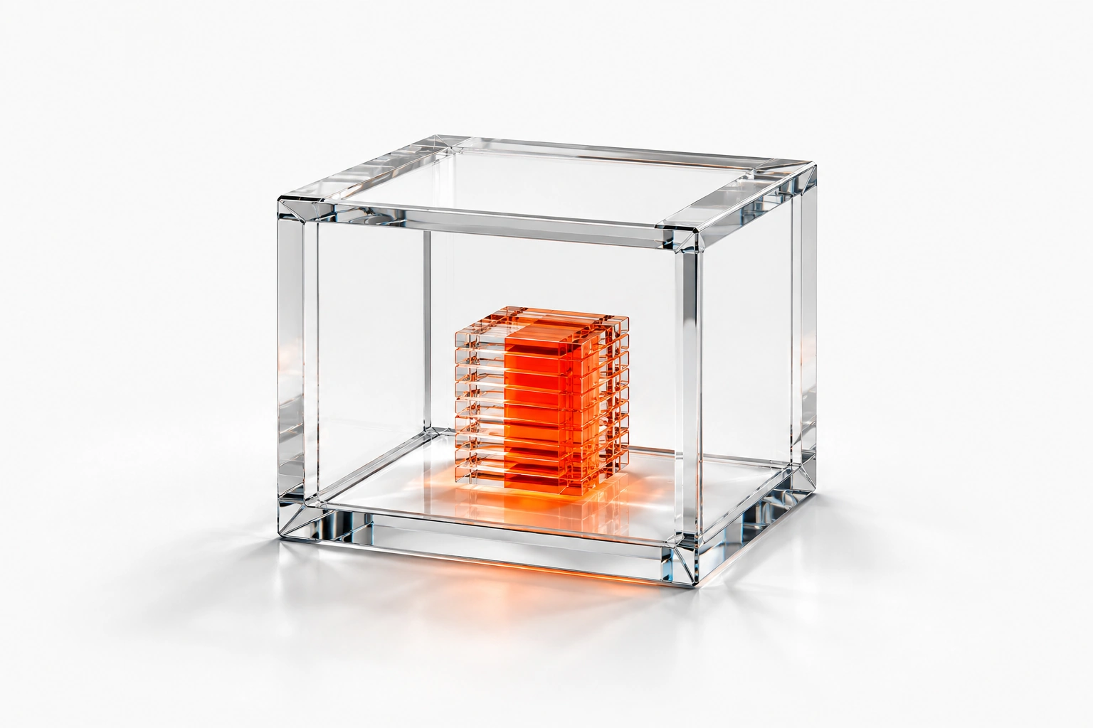 A single illuminated orange core held inside a clear glass enclosure